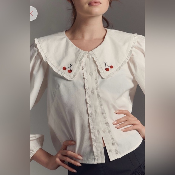 Anthropologie Maeve White Button Down Shirt with Cherry Embroidery - Picture 4 of 6
